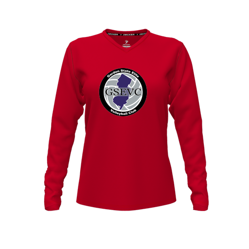 [CUS-DFW-TEES-CMF-VNK-LSL-RED-FYXS-LOGO2] Decker Comfort T-Shirt (Female Youth XS, Red, V Neck, Logo 2, Long Sleeve)